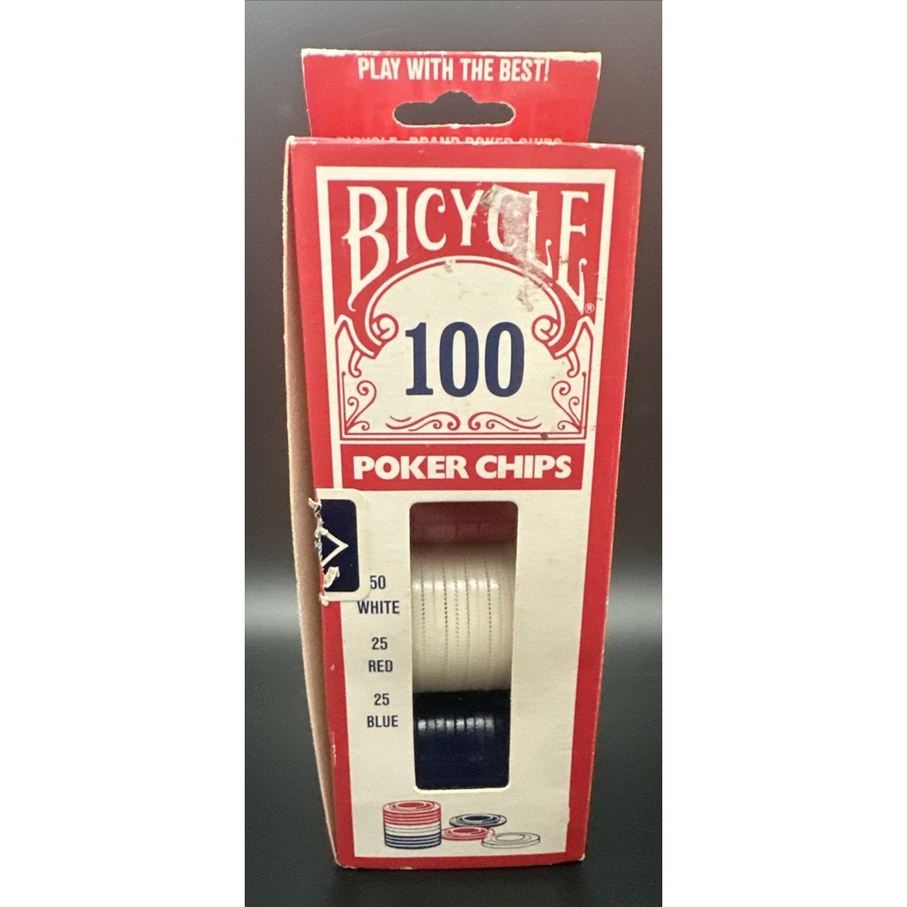 Bicycle Poker Chips Set of 100 (25 Red 50 White 25 Blue) Vintage 90's Interlock